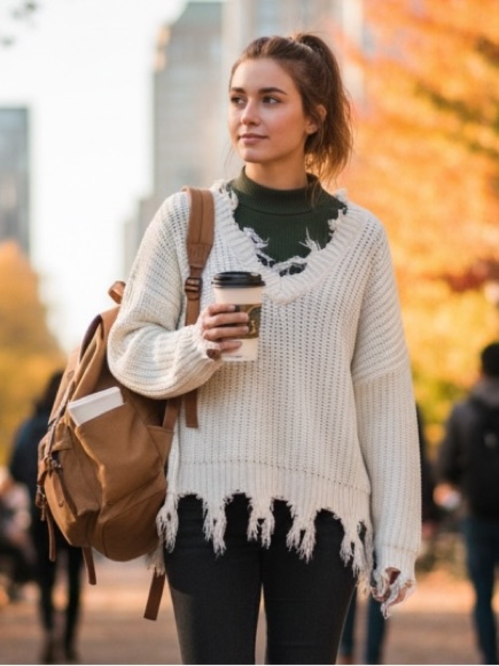 Distressed V-Neck Chunky Sweater in Cream